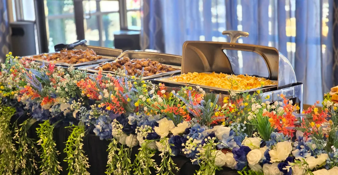 The full buffet, dressed in flowers